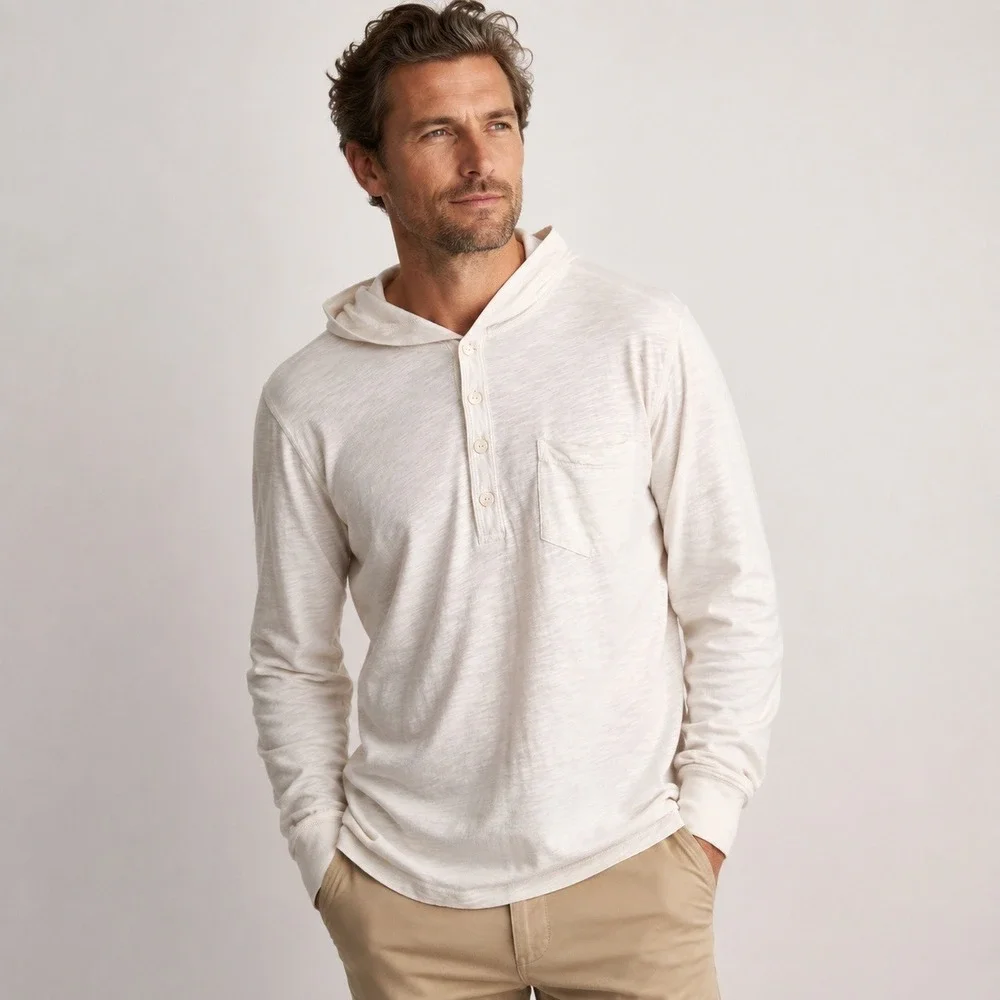 Polo Ralph Lauren Mens Vintage Pima Cotton Henley Hoodie Size Medium White Layer